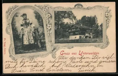 AK Unterwalden, Unterwaldner Haus, Frau in Tracht