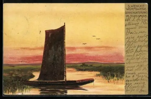 Künstler-AK Sophie Wencke: Worpswede, Sonnenuntergang im Teufelsmoor