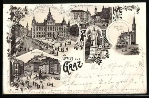 Lithographie Graz, Rathaus mit Herrengasse, Hauptplatz, Herz-Jesu-Kirche