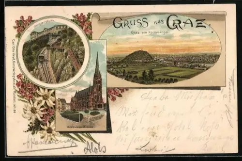 Lithographie Graz, Schlossbergbahn, Herz-Jesu-Kirche, Ortsansicht