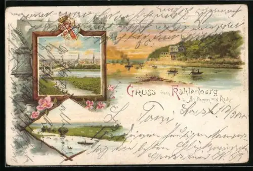 Lithographie Mülheim a. d. Ruhr, Kahlenberg, Blick auf die Kettenbrücke und den Ort, Windmühle