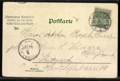 Lithographie Mülheim a. d. Ruhr, Kahlenberg, Blick auf die Kettenbrücke und den Ort, Windmühle