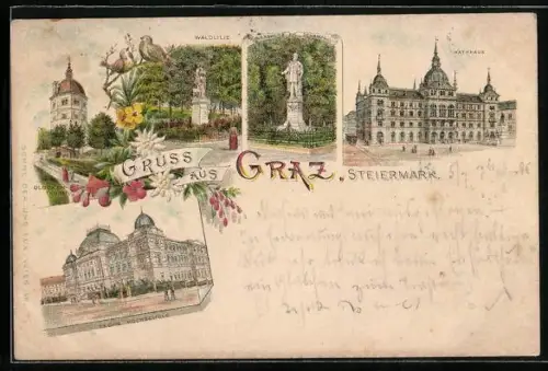 Lithographie Graz, Waldlilie, Glocken-Thurm, Techn. Hochschule, Rathaus