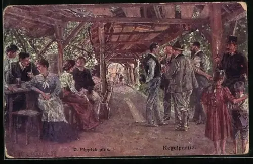 Künstler-AK C. Pippich: Leute beim Kegeln auf der Naturbahn