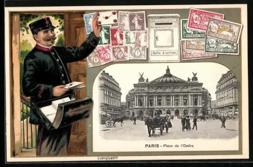 Lithographie Paris, Place de l`Opéra, Briefträger mit Umschlag