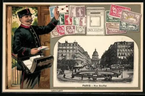 AK Paris, Rue Soufflot, Postbote und Briefkasten