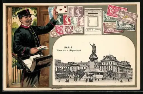 AK Paris, Place de la République, Briefmarken und Postbote
