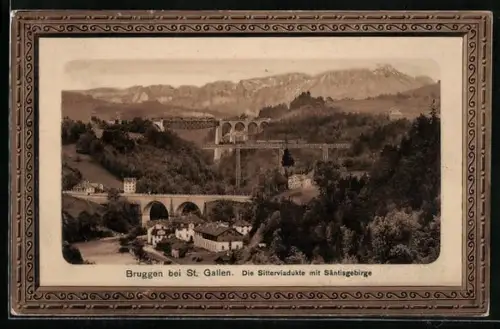 AK Bruggen bei St. Gallen, Sitterviadukte mit Säntisgebirge, Passepartout