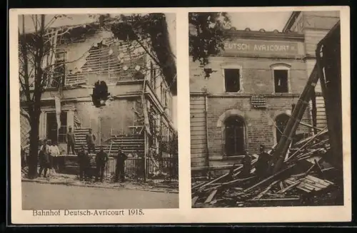 AK Deutsch-Avricourt, zerstörter Bahnhof 1915, 2 Ansichten, Soldaten