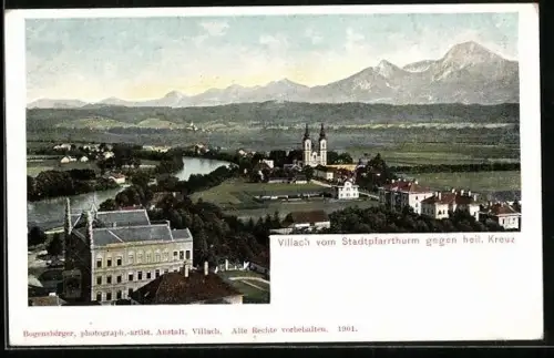 AK Villach, Ortsansicht vom Stadtpfarrturm gegen heil. Kreuz