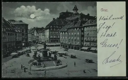 Mondschein-AK Graz, Hauptplatz mit Denkmal
