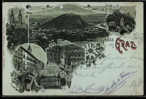 Mondschein-AK Graz, Schloss Eggenberg, Wallfahrtskirche Maria Trost, Landhaus