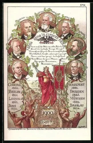 Lithographie Auflistung von Turnfesten, Germania mit Banner, Prof. Dr. Hahn, Prof. Kessler