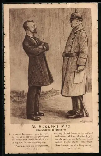 Künstler-AK Brüssels Bürgermeister M. Adolphe Max und ein deutscher Militär, Propaganda Entente