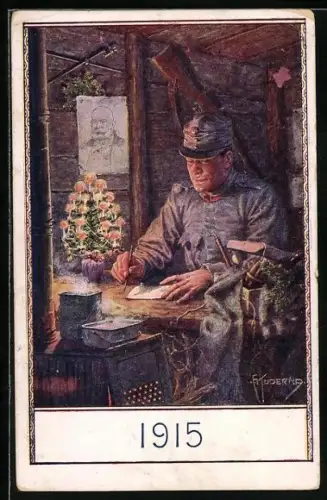 Künstler-AK Franz Kuderna: Weihnachten 1915, Soldat im Unterstand schreibt einen Brief
