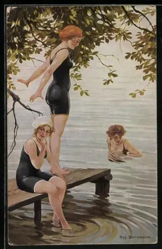 Künstler-AK R.Borrmeister: Im Bade, drei Mädchen beim Baden im See