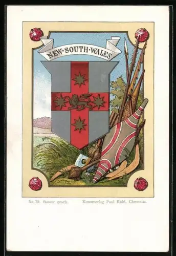 AK Australien, New South Wales - Wappen und Waffen sowie Schilde der Ureinwohner