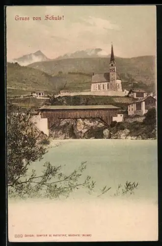 AK Schuls, Kirchpartie mit Alpenpanorama