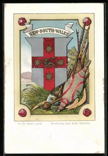 AK Australien, New South Wales - Wappen und Waffen sowie Schilde der Ureinwohner