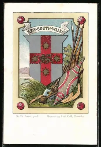 AK Australien, New South Wales - Wappen und Waffen sowie Schilde der Ureinwohner