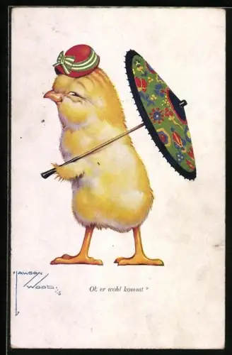 Künstler-AK Lawson Wood: Ob er wohl kommt?, Küken mit Sonnenschirm