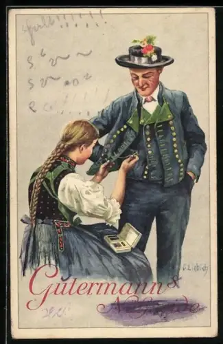 Künstler-AK Curt Liebich: Reklame für Gütermann's Nähseide, Mädchen näht Knopf an seine Jacke