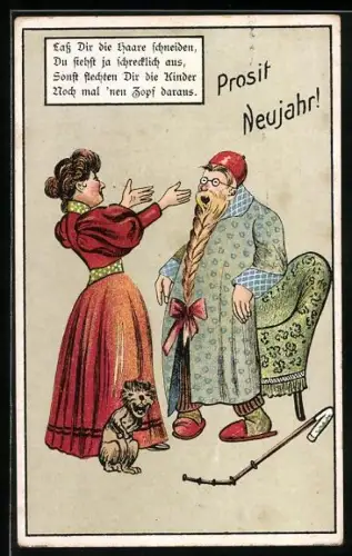 AK Lass Dir die Haare schneiden, du siehst ja schrecklich aus, Mann mit zum Zopf gebundenem Bart