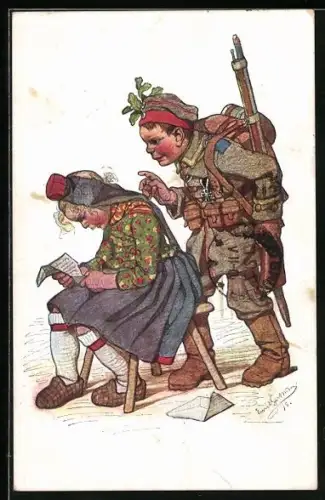 Künstler-AK Emil Beithan: Heimkehrender Soldat überrascht seine kleine Hessenbraut