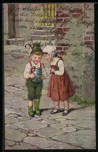 Künstler-AK R.Borrmeister: Junge und Mädchen mit einem guten Trunk