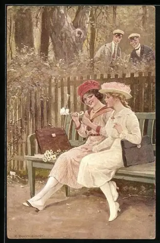 Künstler-AK R.Borrmeister: Studenten beobachten zwei hübsche Mädchen auf einer Park