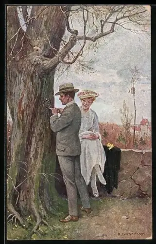 Künstler-AK R.Borrmeister: ich schnitt es gern in alle Rinden ein, Mann ritzt ein Herz in Baumrinde