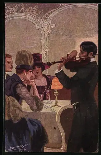 Künstler-AK R. Borrmeister: Geiger musiziert für Restaurantgäste