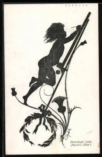 Künstler-AK Diefenbach: Schattenbild Göttl. Jugend, Knabe zeichnet an einer Leinwand, Blatt 7