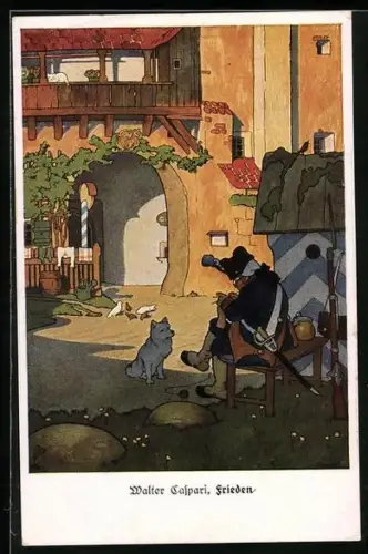 Künstler-AK Walter Caspari: Frieden, Hund sitzt vor dem strickenden Soldaten