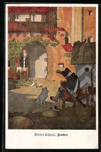 Künstler-AK Walter Caspari: Frieden, Hund sitzt vor dem strickenden Soldaten