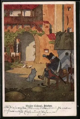 Künstler-AK Walter Caspari: Frieden, Hund sitzt vor dem strickenden Soldaten