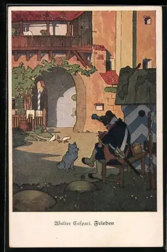 Künstler-AK Walter Caspari: Frieden, Hund sitzt vor dem strickenden Soldaten