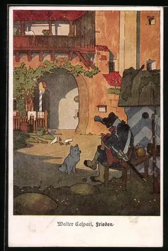 Künstler-AK Walter Caspari: Frieden, Hund sitzt vor dem strickenden Soldaten