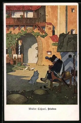 Künstler-AK Walter Caspari: Frieden, Hund sitzt vor dem strickenden Soldaten