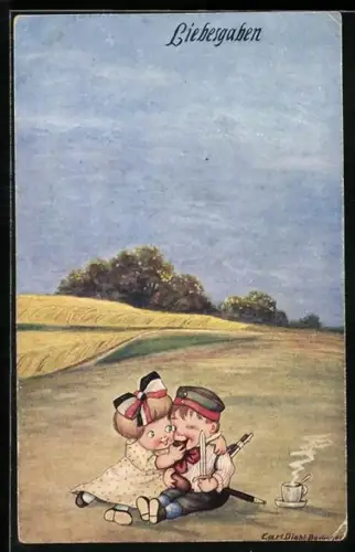 Künstler-AK Carl Diehl: Liebesgraben, Knabe in Unifrom wird von einem Mädchen liebkost