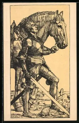 Künstler-AK Kunstwart: Ritter mit Pferd auf Schlachtfeld