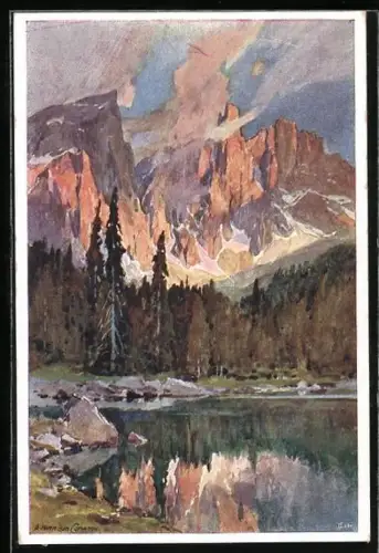 Künstler-AK Edward Harrison Compton: Il Lago di Carezza Sulla Strada delle Dolomiti, Bergsee mit Dolomiten