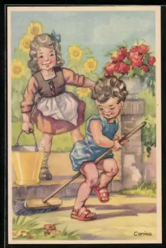 Künstler-AK sign. Corina: Spielende Kinder im Garten