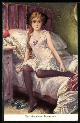 AK Nach der ersten Tanzstunde, Mädchen in transparentem Unterkleid und halterlosen Strümpfen
