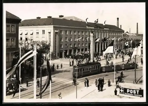 AK Basel, Schweizer Mustermesse, Strassenbahn am Ausstellungsgelände