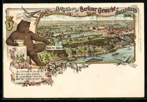 Lithographie Berlin, Gewerbe-Ausstellung 1896, Panorama und Berliner Bär