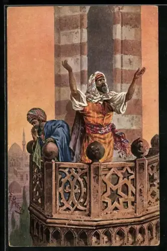 Künstler-AK F.Perlberg: Muezzins zum Gebet rufend, Minaret