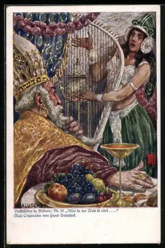 Künstler-AK Hans Baluschek: Volkslieder in Bildern, Alles in der Welt ist eitel, Frau spielt die Harfe