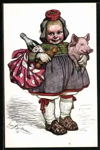 Künstler-AK Emil Beithan: Mädchen mit Ferkel und Weinflasche unter den Armen