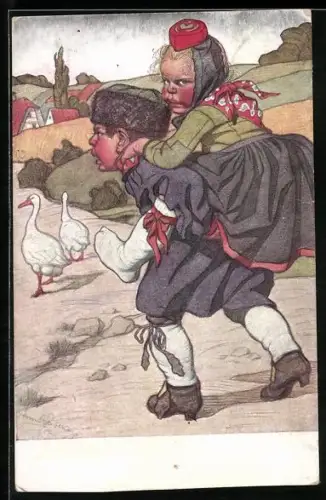 Künstler-AK Emil Beithan: Junge trägt Mädchen in den Ort auf dem Rücken, Trachten